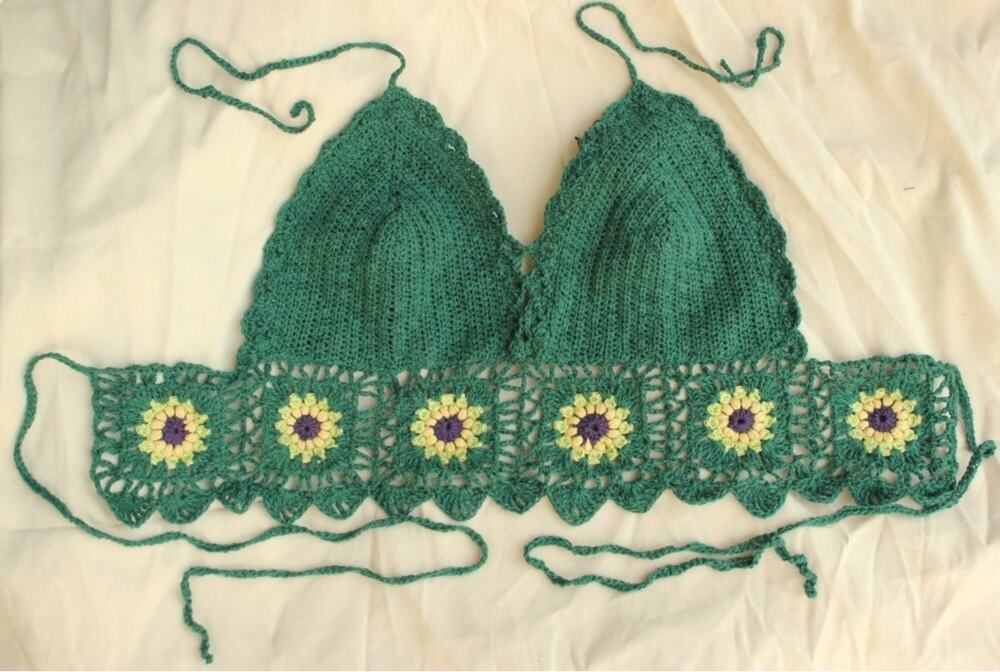 Green Linen Bralette Festival Top- Handmade Crochet Summer Halter Whimsigoth- XL